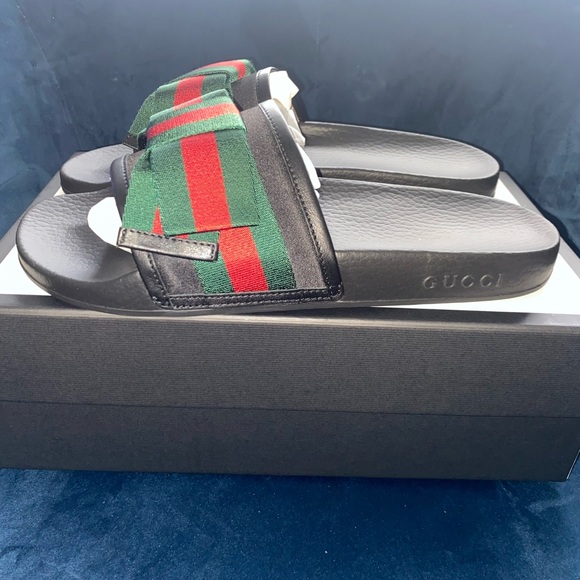 ❌SOLD❌GUCCI WEB BOW RED & GREEN SATIN/RUBBER SANDALS SLIDES SZ 11 US 41 W/BOX - Picture 5 of 10